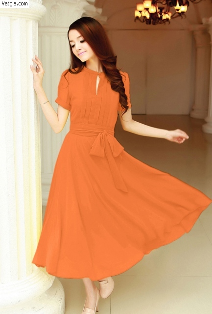 Đầm cát nhật màu cam thắt eo  Bán sỉ thời trang mỹ phẩm