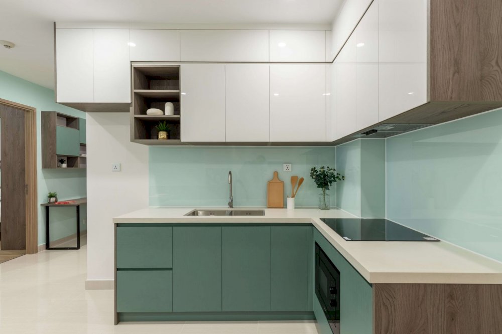 Tủ bếp MDF chữ hiện đại màu xanh rêu