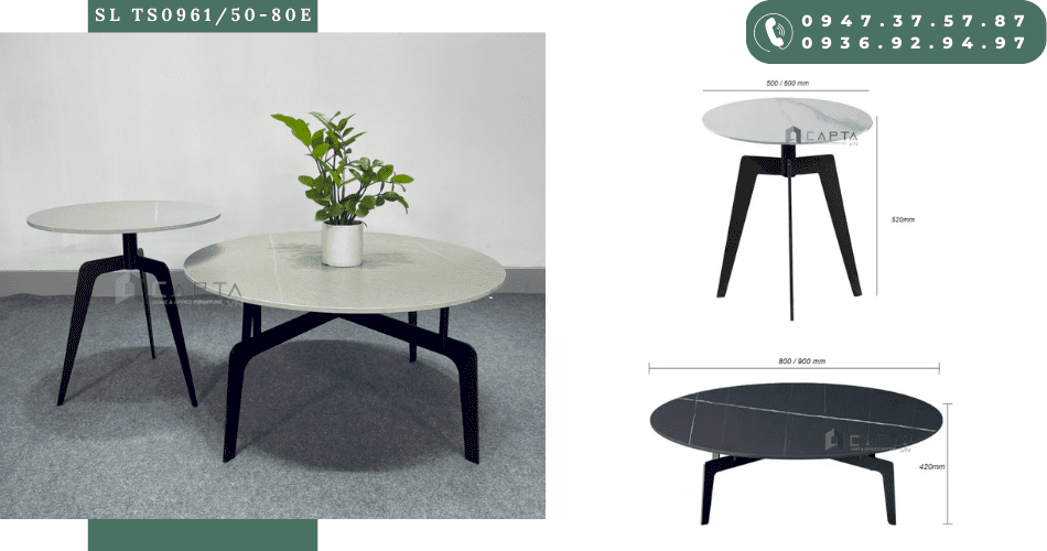 Bộ bàn trà đôi cao thấp chân sắt đen mặt đá tròn SL TS0961/50-80E
