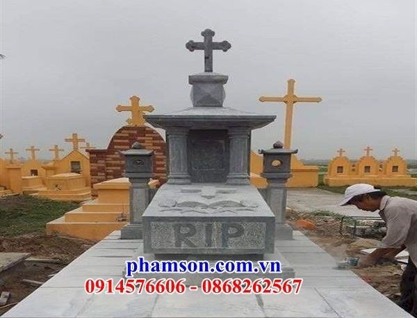 55 Mộ đá xanh nghĩa trang gia khu lăng mồ mả gia đình dòng họ ông bà bố mẹ công giáo đạo thiên chúa đẹp bán tại Lạng Sơn