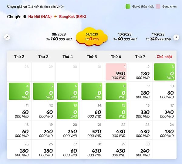 Giá vé máy bay Hà Nội đi Bangkok hãng Vietjet Air