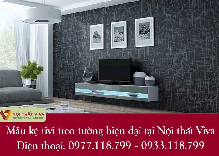 Mẫu kệ tivi treo tường hiện đại kết hợp đèn led và tủ chứa đồ thông minh.