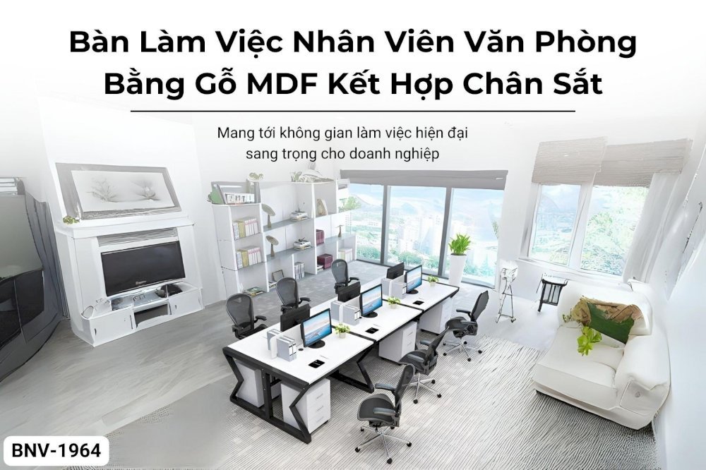 Bàn Làm Việc Nhân Viên Văn Phòng Bằng Gỗ Mdf Kết Hợp Chân Sắt