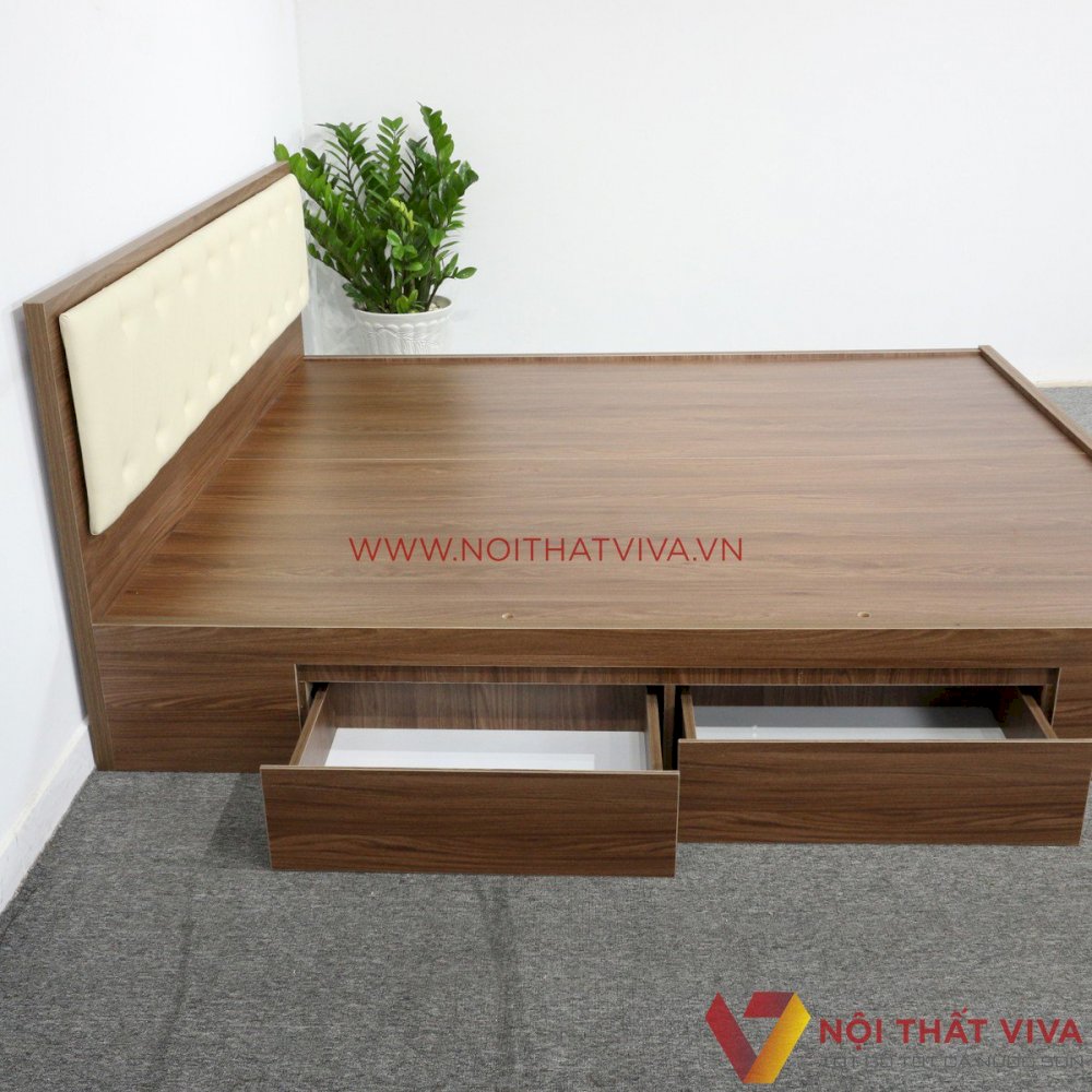 Giường Ngủ Có Đầu Nệm Gỗ MDF Phủ Melamine Ngăn Kéo Màu Óc Chó