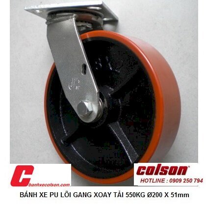 hình thực tế bánh xe đẩy chịu lực 550kg pu lõi gang D200 xoay S4-8209-959 banhxecolson.com