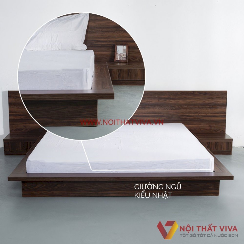 Giường Thấp Kiểu Nhật Giá Rẻ Gỗ MDF Melamine Màu Óc Chó Sang Trọng Đẹp