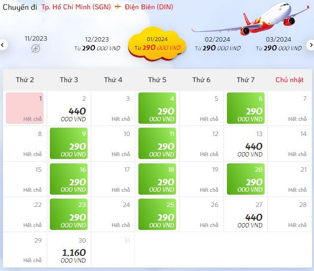 Giá vé máy bay Sài Gòn đi Điện Biên Phủ hãng Vietjet Air