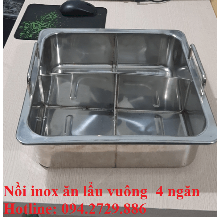 Nồi inox ăn lẩu - nấu lẩu vuông chia 4 ngăn đáy vuông chuyên dùng nhà hàng