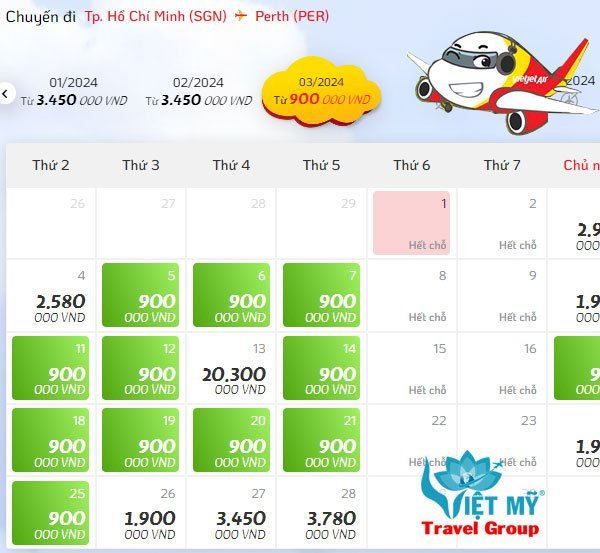 Giá vé máy bay từ Sài Gòn đi Perth hãng Vietjet Air