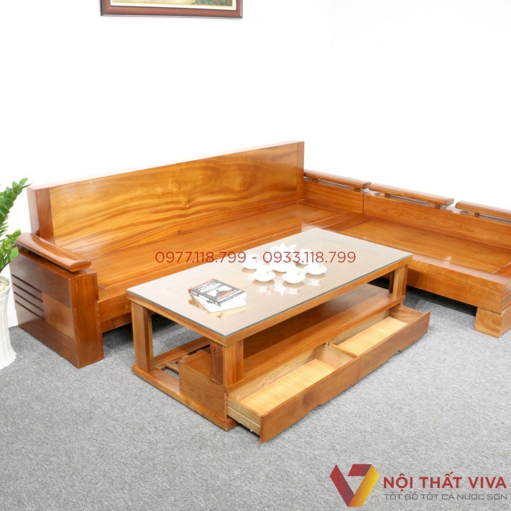 Bộ Bàn Ghế Sofa Chữ L Phòng Khách Gỗ Xoan Đào 