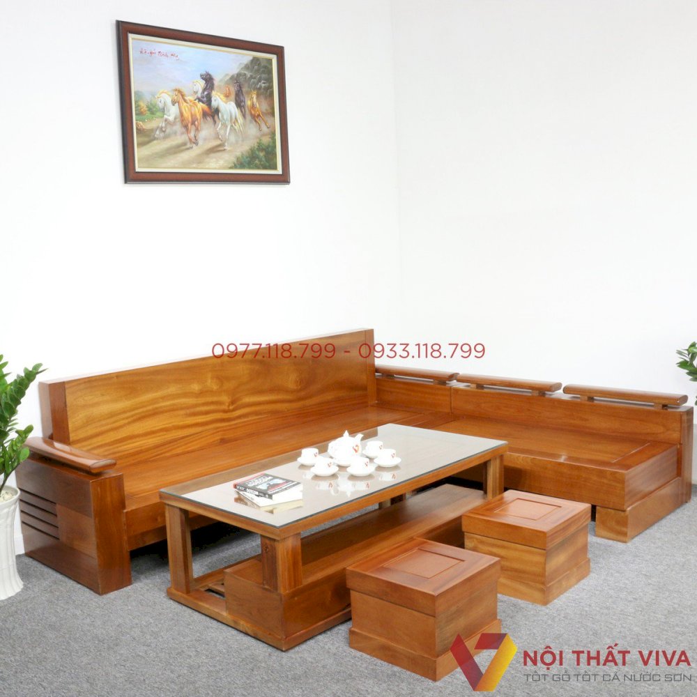 Bộ Bàn Ghế Sofa Chữ L Phòng Khách Gỗ Xoan Đào 