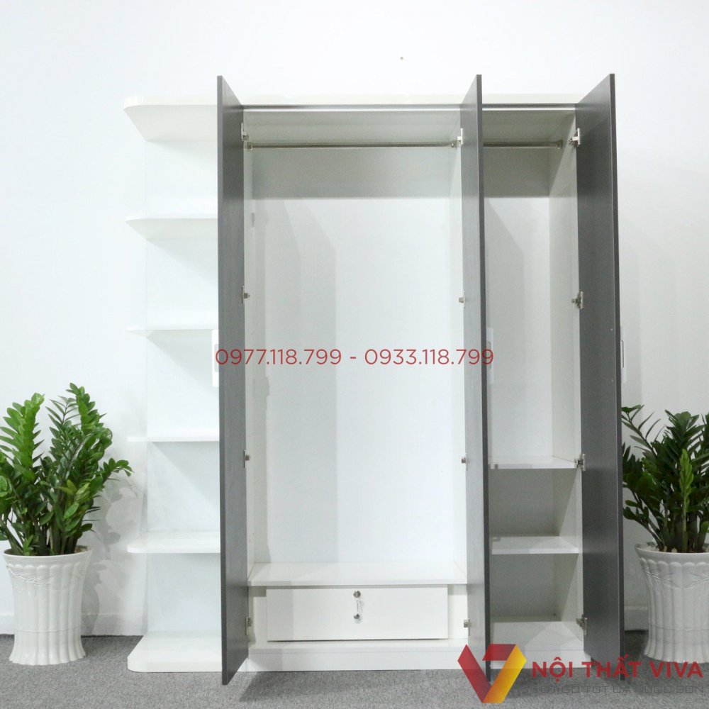 Tủ Gỗ 3 Cánh Màu Trắng Phối Cửa Xanh Đen Gỗ MDF Melamine Hiện Đại