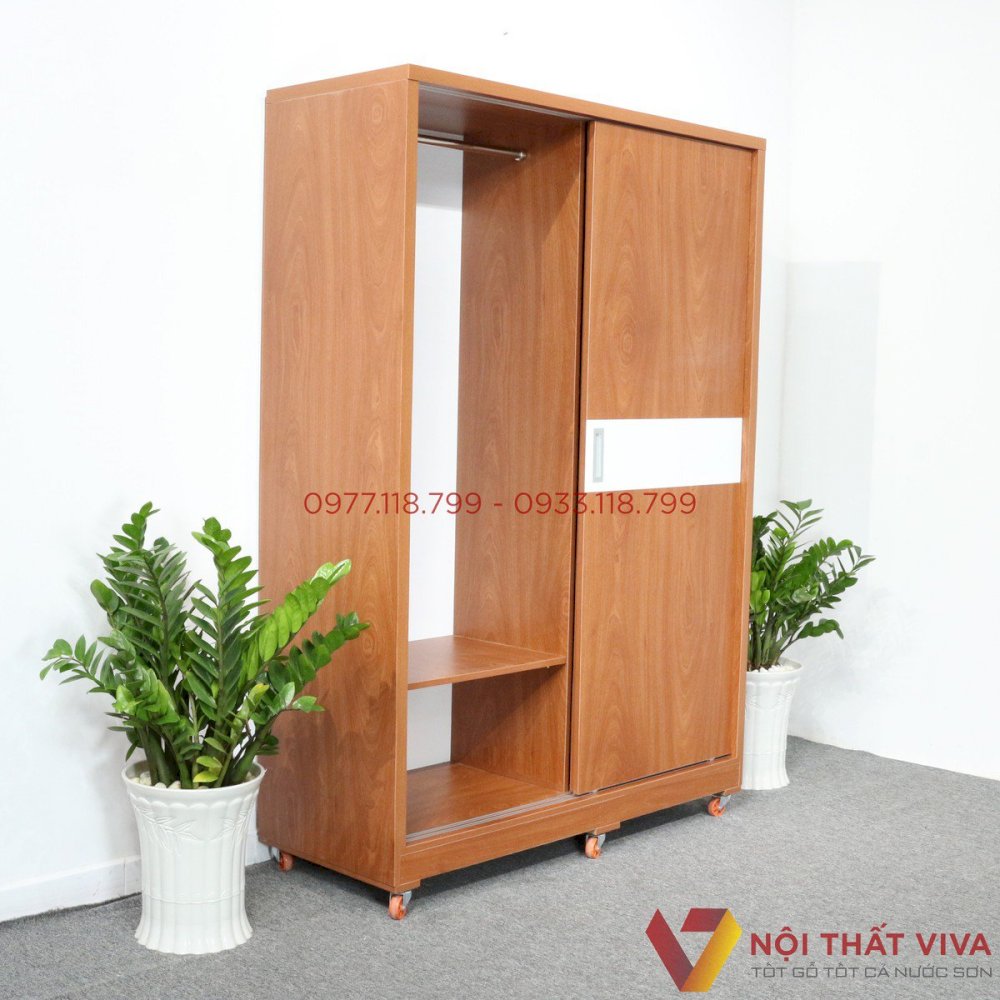 Tủ Quần Áo Cửa Trượt 1m4x2m Gỗ MDF Màu Xoan Đào Chỉ Trắng Hiện Đại