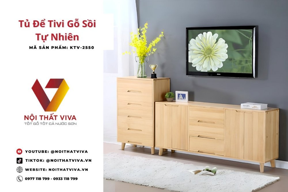 Tủ Để Tivi Với Thiết Kế Kết Hợp Các Hộc Kéo Để Đồ Gỗ Sồi Tự Nhiên