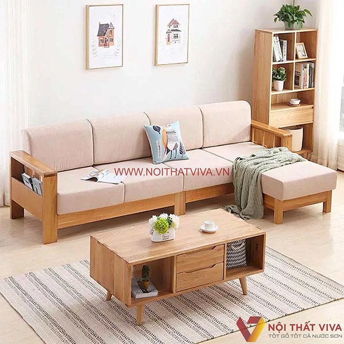 Bộ Sofa Gỗ Sồi Nga Tự Nhiên Chữ L Có Nệm Bọc Nỉ Thiết Kế Hiện Đại Mã SF-2516.