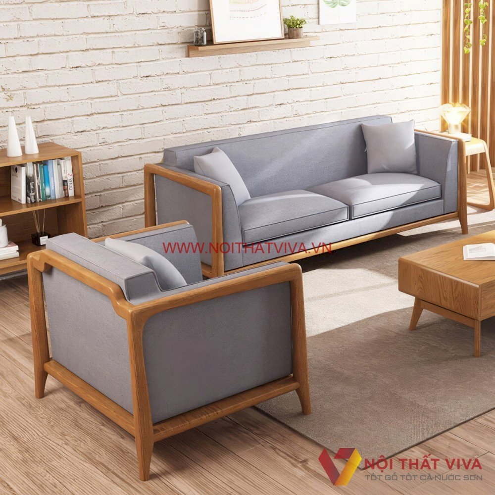 Bộ Bàn Ghế Sofa Bọc Nỉ Khung Gỗ Sồi Tự Nhiên Đẹp Hiện Đại