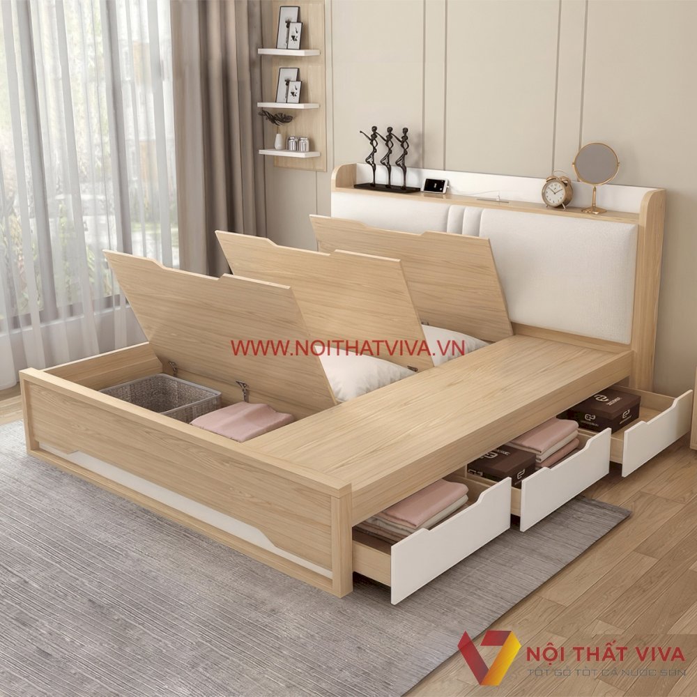 Giường Đa Năng Thông Minh Gỗ MDF 3 Hộc Kéo, Ngăn Chứa, Đầu Nệm Giá Rẻ