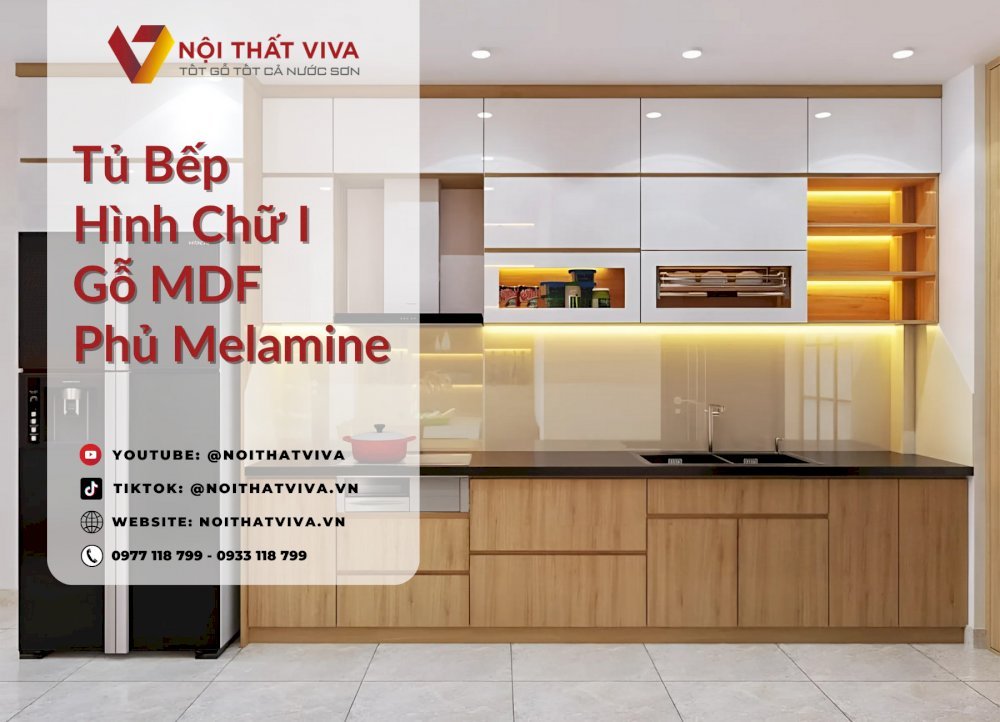 Tủ Bếp Hình Chữ I Gỗ MDF Phủ Melamine Màu Vàng Phối Trắng Hiện Đại