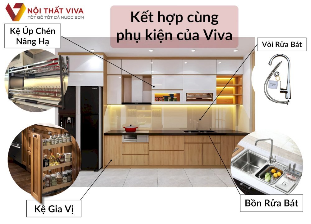 Tủ Bếp Hình Chữ I Gỗ MDF Phủ Melamine Màu Vàng Phối Trắng Hiện Đại