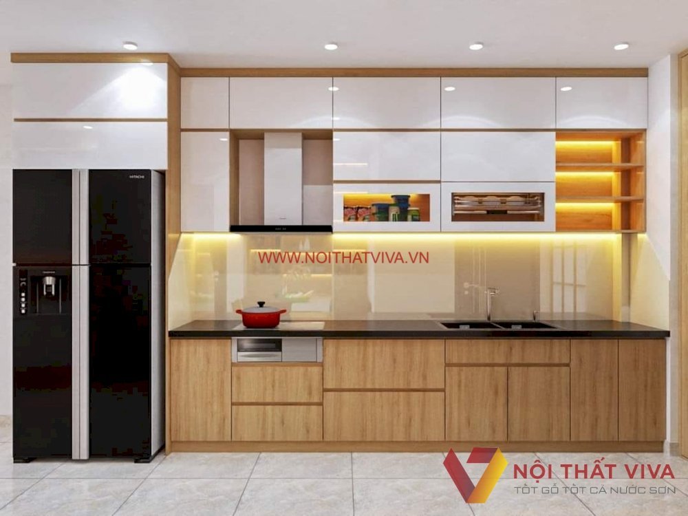 Tủ Bếp Hình Chữ I Gỗ MDF Phủ Melamine Màu Vàng Phối Trắng Hiện Đại