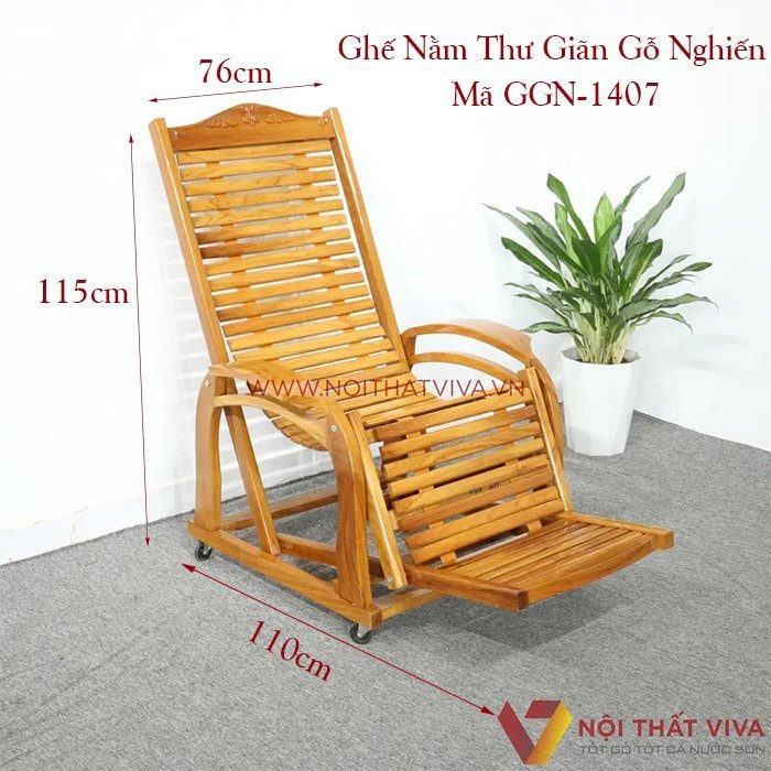 Ghế gỗ nằm làm từ gỗ Nghiến đẹp, kích thước rõ ràng, cụ thể.
