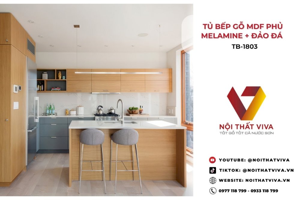 Mẫu Tủ Bếp Gỗ Mdf Phủ Melamine Kết Hợp Đảo Đá Hiện Đại