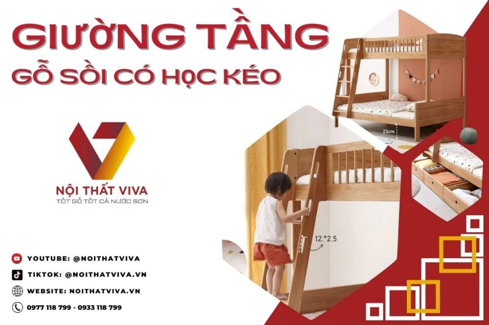 Giường Tầng Gỗ Sồi Có Học Kéo Hiện Đại Cho Phòng Ngủ Của Bé