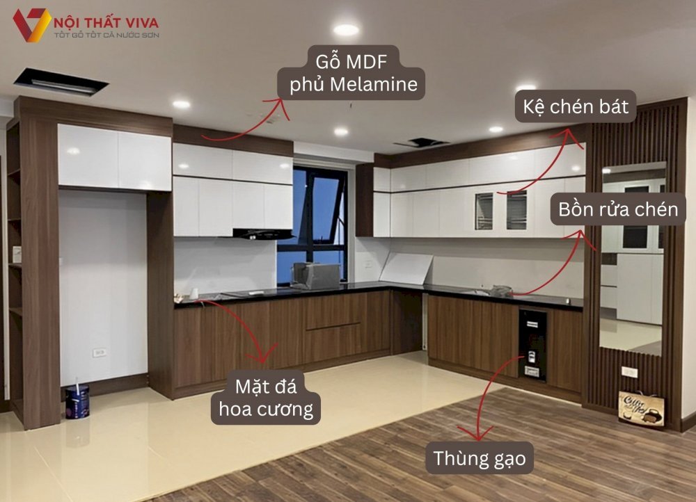 Mẫu Tủ Bếp Ván MDF Lõi Xanh Phủ Melamine Cao Cấp Vân Gỗ Phối Trắng