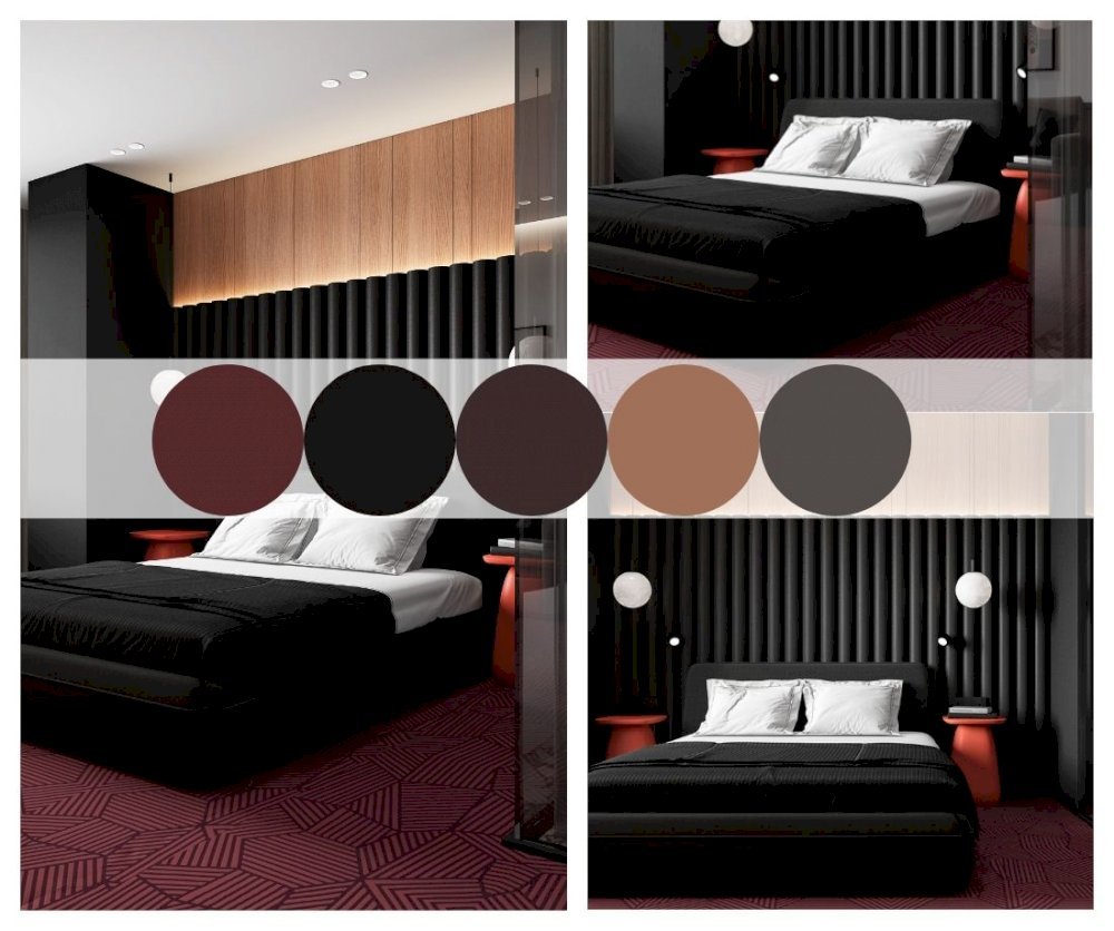 Phòng ngủ nổi bật với tông màu đỏ đậm và đen