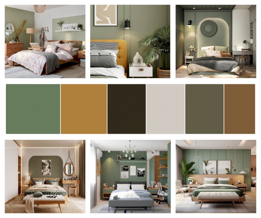 Phòng ngủ tự nhiên với tông màu nâu và xanh lá cây
