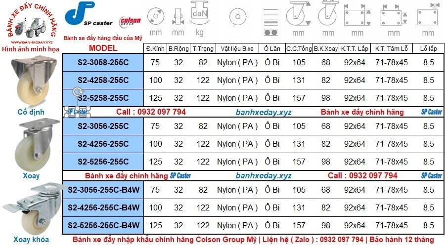 Thông số kích thước bánh xe đẩy Nylon 75mm, 100mm, 125mm x 32mm càng thép SP Caster banhxeday.xyz