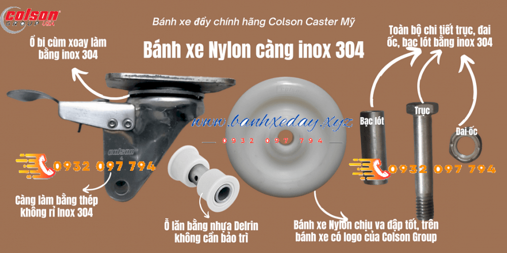 Chi tiết bánh xe Nylon càng inox 304 Colson Caster Mỹ bền bỉ với thời gian banhxeday.xyz