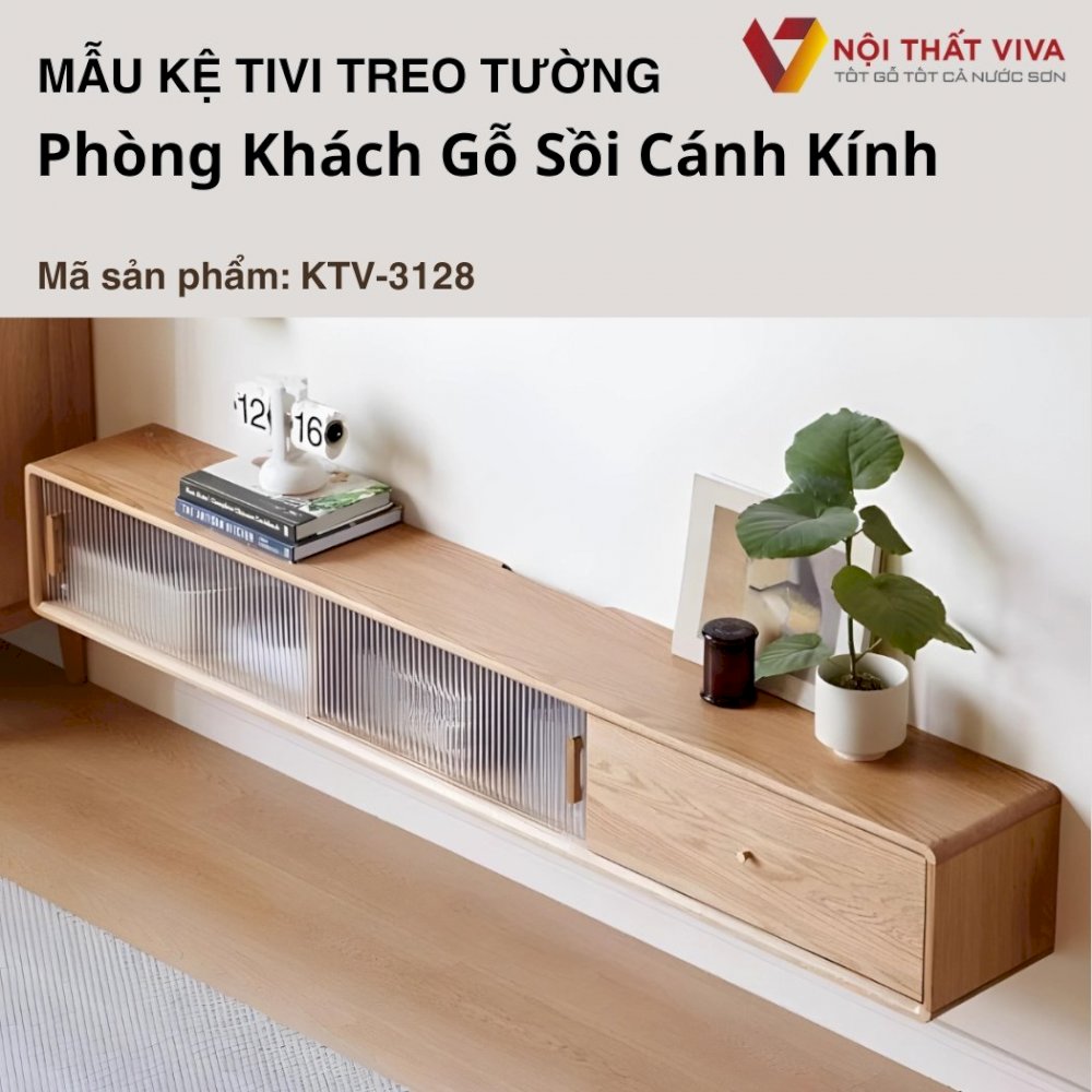 Mẫu Kệ Tivi Treo Tường Phòng Khách Gỗ Sồi Cánh Kính Sọc Sang Trọng