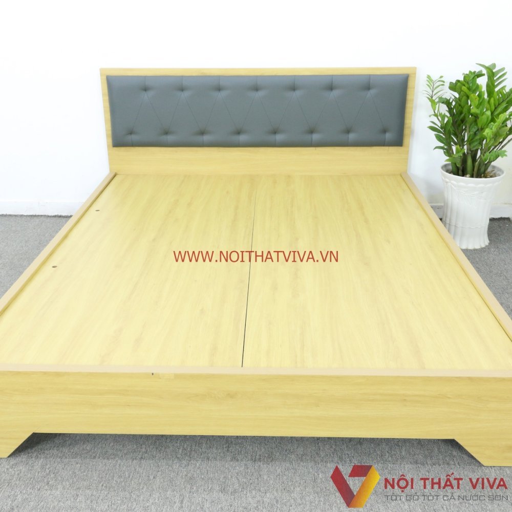 Mẫu Giường Gỗ MDF Đẹp Chân Cao Đầu Nệm Xanh Đậm