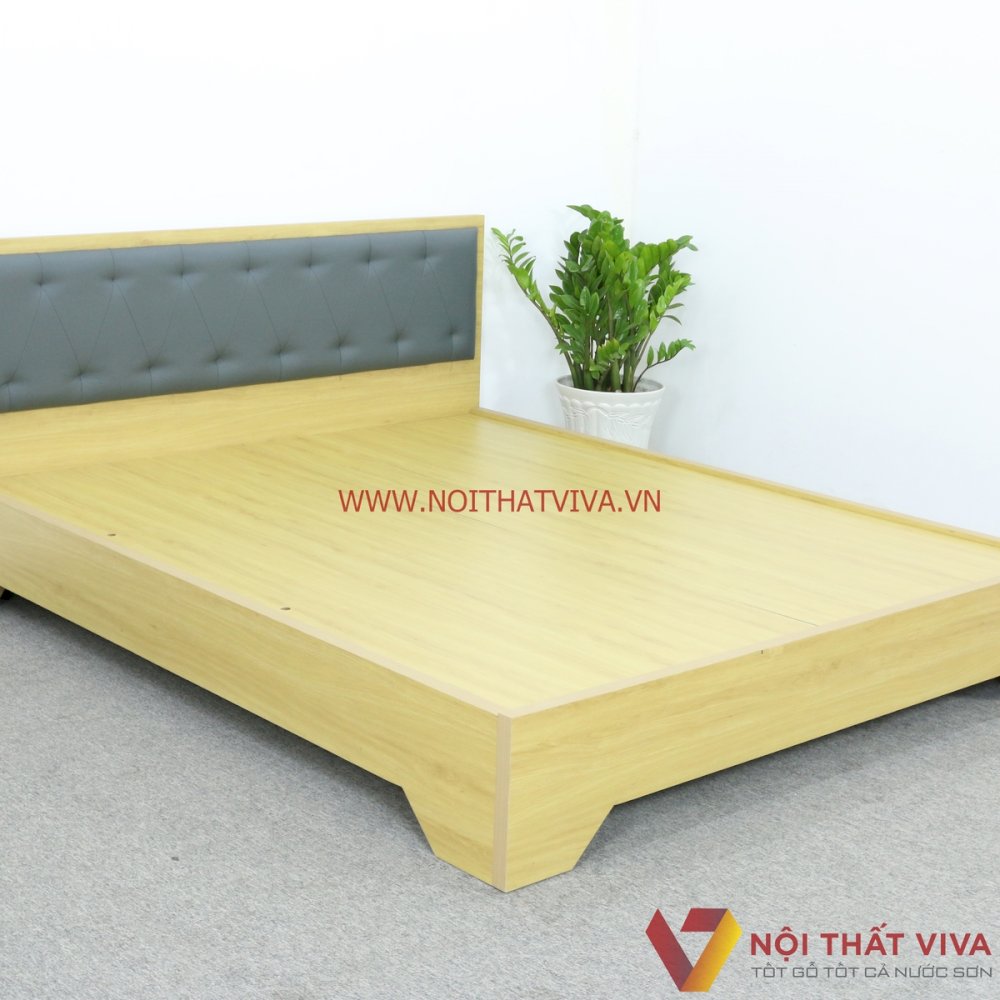 Mẫu Giường Gỗ MDF Đẹp Chân Cao Đầu Nệm Xanh Đậm