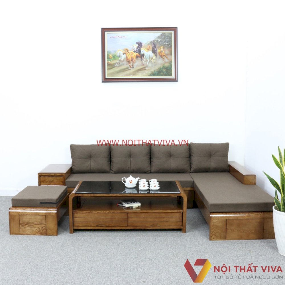 Bộ Sofa Gỗ Sồi Tự Nhiên Màu Óc Chó Có Nệm Hiện Đại Giá Rẻ