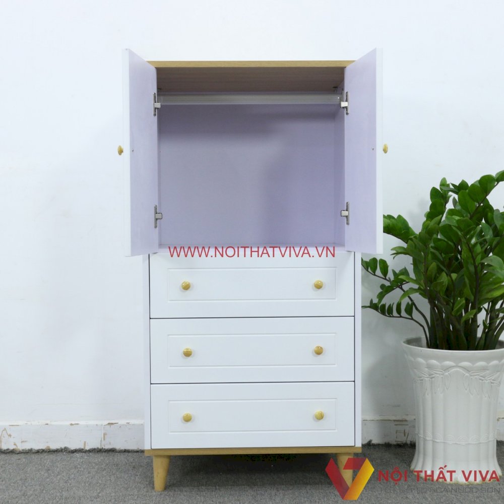 Tủ Quần Áo Trẻ Em Bằng Gỗ MDF Melamine 3 Hộc Kéo Màu Vàng Phối Trắng Đẹp