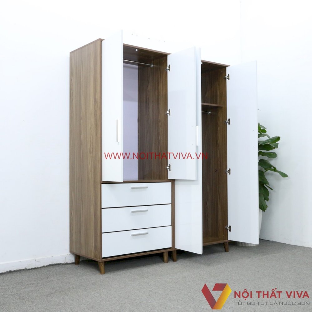 Tủ Quần Áo Lắp Ráp 4 Cánh Gỗ MDF Màu Óc Chó Phối Trắng Đẹp Hiện Đại