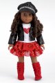 Chic and Sassy - for American Girl Doll - Black Motorcycle Faux Leather Jacket with Paperboy Hat, White T-shirt, Red Skirt and Red Boots - 18 inch Doll Clothes