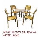 Bộ bàn ghế gỗ sườn sắt + 4 ghế gỗ khung sắt sơn vàng có tay TB-605