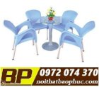 Bộ bàn ghế nhựa đúc chân inox phi 32 + bàn mặt gỗ tráng men chân trụ inox NĐ-014
