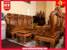 Bộ bàn ghế chạm đào chim gỗ gõ đỏ tay 14 mặt liền tấm 5cm VIP Sơn Đông