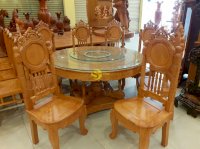 Bộ bàn ăn gõ đỏ 8 ghế mặt trời lá tây cổ điển nam bộ bàn tròn-BBA2288T