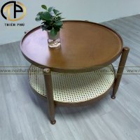 Bàn sofa 2 tầng gỗ sồi, kết hợp mây nhân tạo phong cách Rustic màu nâu walnut