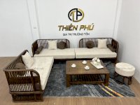 Sofa gỗ phòng khách phong cách Indochine, đệm mút bọc nỉ UKILI