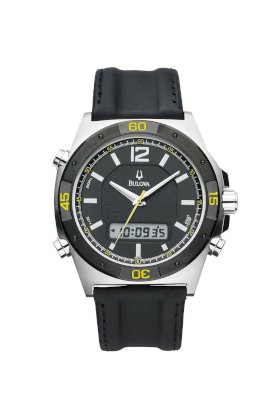 Đồng hồ Bulova Watch, Men's Analog Digital Black Leather Strap 98C110