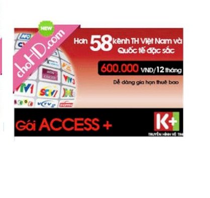 Thẻ gia hạn thuê bao K+ - gói Acesss + 58 kênh - 12 tháng