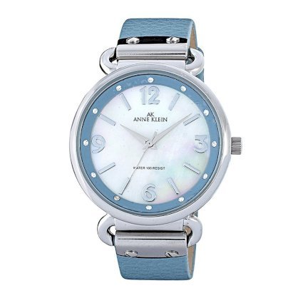 Đồng hồ AK Anne Klein Women's 109651MPLB Swarovski Crystal Silver-Tone Mother-Of-Pearl Dial Light Blue Leather Strap Watch
