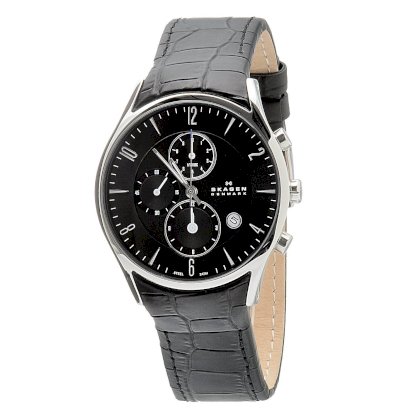 Skagen Men's 329XLSLB Black Dial Chronograph With Black Leather Band Watch