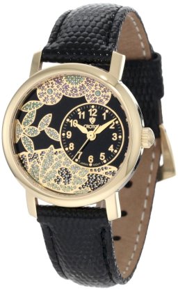 Croton Women's C207371YLBK Goldtone Floral Design Black Dial Watch